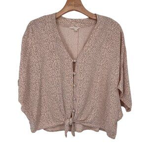 Sim & Sam Womens beige Pink Leopard Print Top V-Neck Tie-Front Size Large Rayon